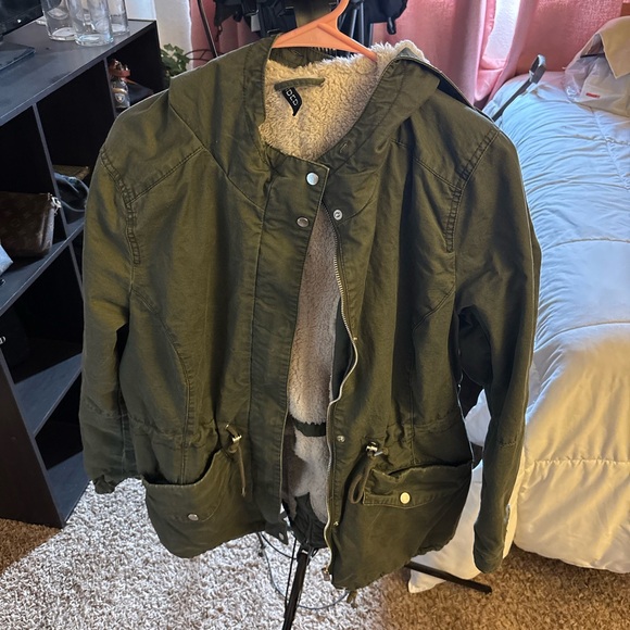 Jackets & Blazers - Olive Green Hooded Jacket with Sherpa Lining